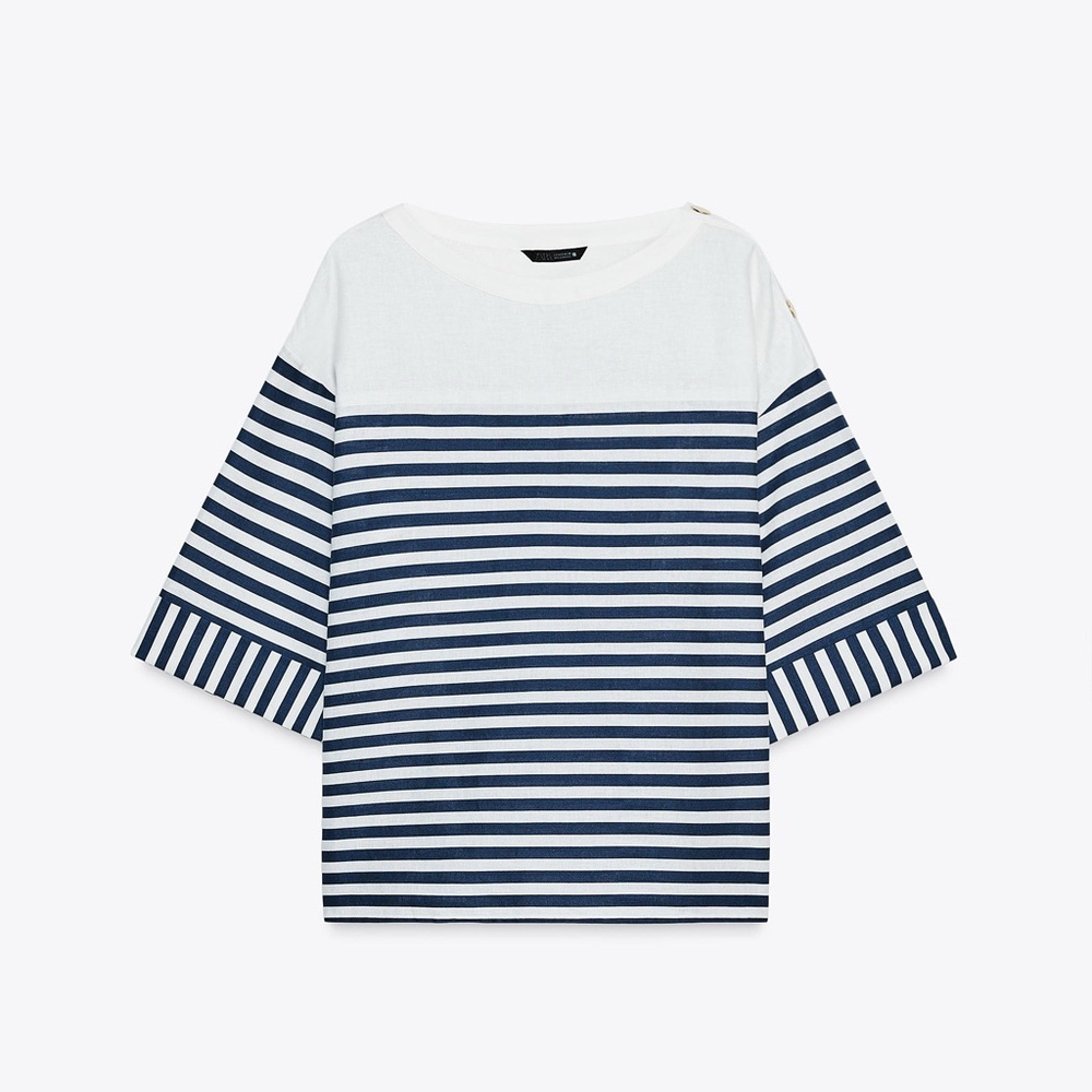 Navy and White Striped Long Sleeve Blouse